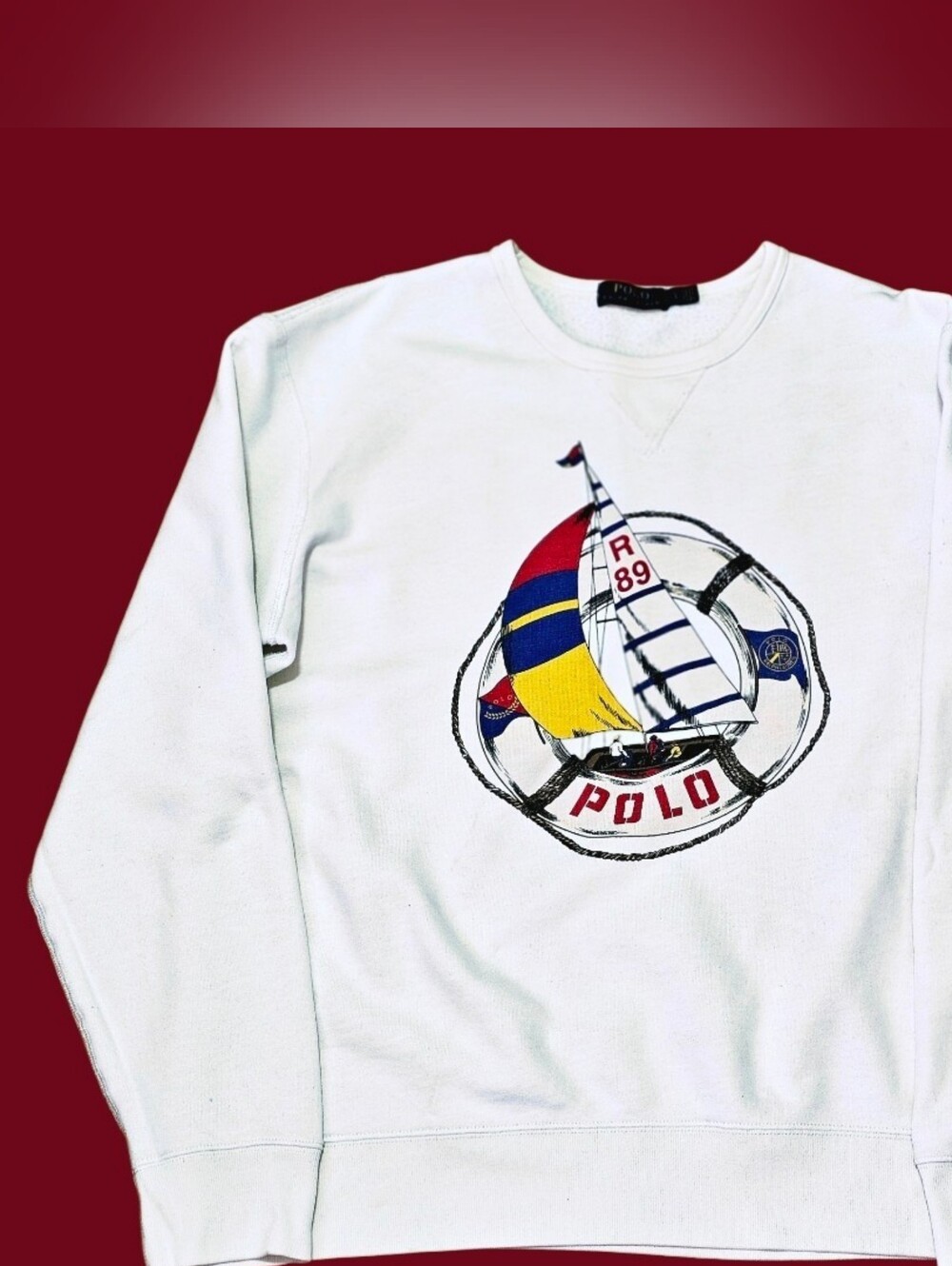 Ralph Lauren White Crewneck Sweater with Multicolor Sailboat Graphic